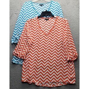 Lot of 2 Kiara Blouse Top Womens XL Multi Chevron Semi Sheer Roll Tab Sleeve